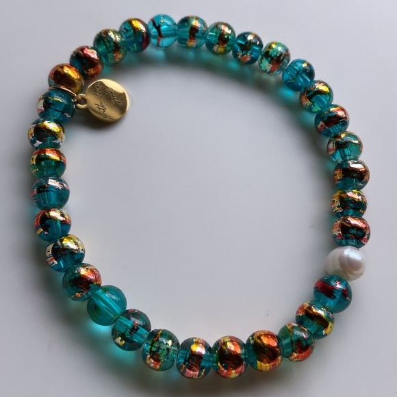 Chic Pearl electroplated Metallic Stretch Bracelet Chunky boho Teal Glass Beads - Picture 3 of 6